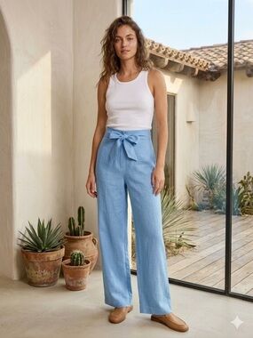 Gil Rodriguez Blue 100% Linen Wide Leg Pants Tie Waist Size XS
